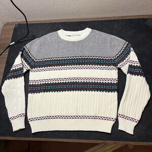Vintage Fair Isle Cable Knit Mens Crew Neck Sweater Pullover